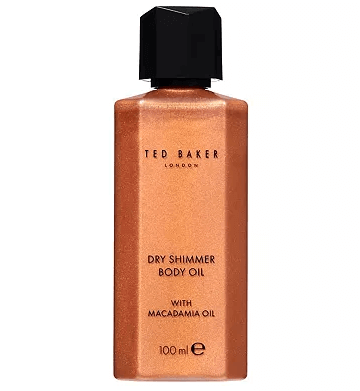 Ted Baker Dry Shimmer Body Oil 100ml in a sleek bottle, enriched with macadamia oil for radiant skin.