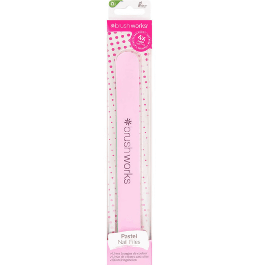 Brushworks Pastel Nail Files in pink packaging, featuring dual-sided for easy nail shaping and smoothing at home or on the go.