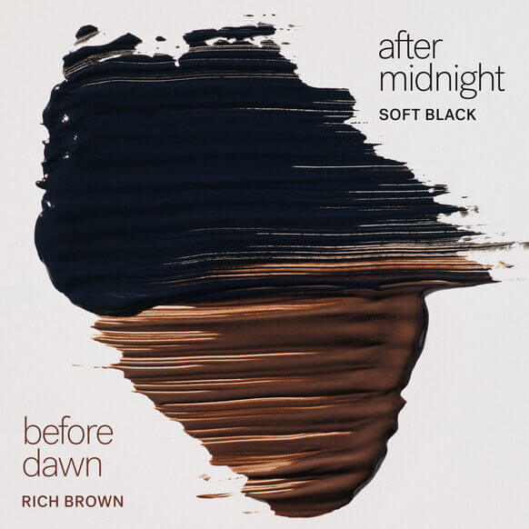 Image showcasing ILIA Limitless Lash Mascara shades: Soft Black and Rich Brown in a textured format.