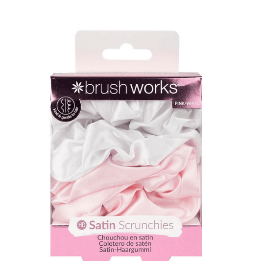 Brushworks pink and white satin scrunchies pack of 4, ultra-soft and stylish hair accessories.