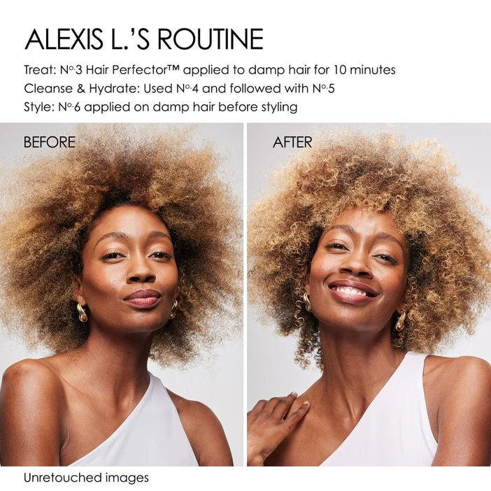 Before and after comparison of a woman's Olaplex hair treatment with text detailing the routine.