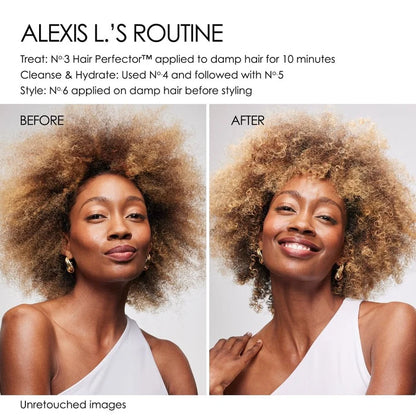 Before and after comparison of a woman's Olaplex hair treatment with text detailing the routine.