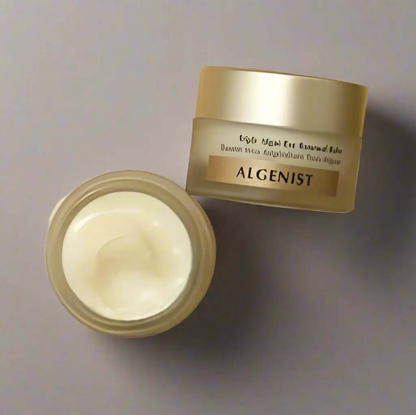 Algenist Triple Algae Eye Renewal Balm jar, showcasing its rich cream texture, ideal for rejuvenating the eye area.