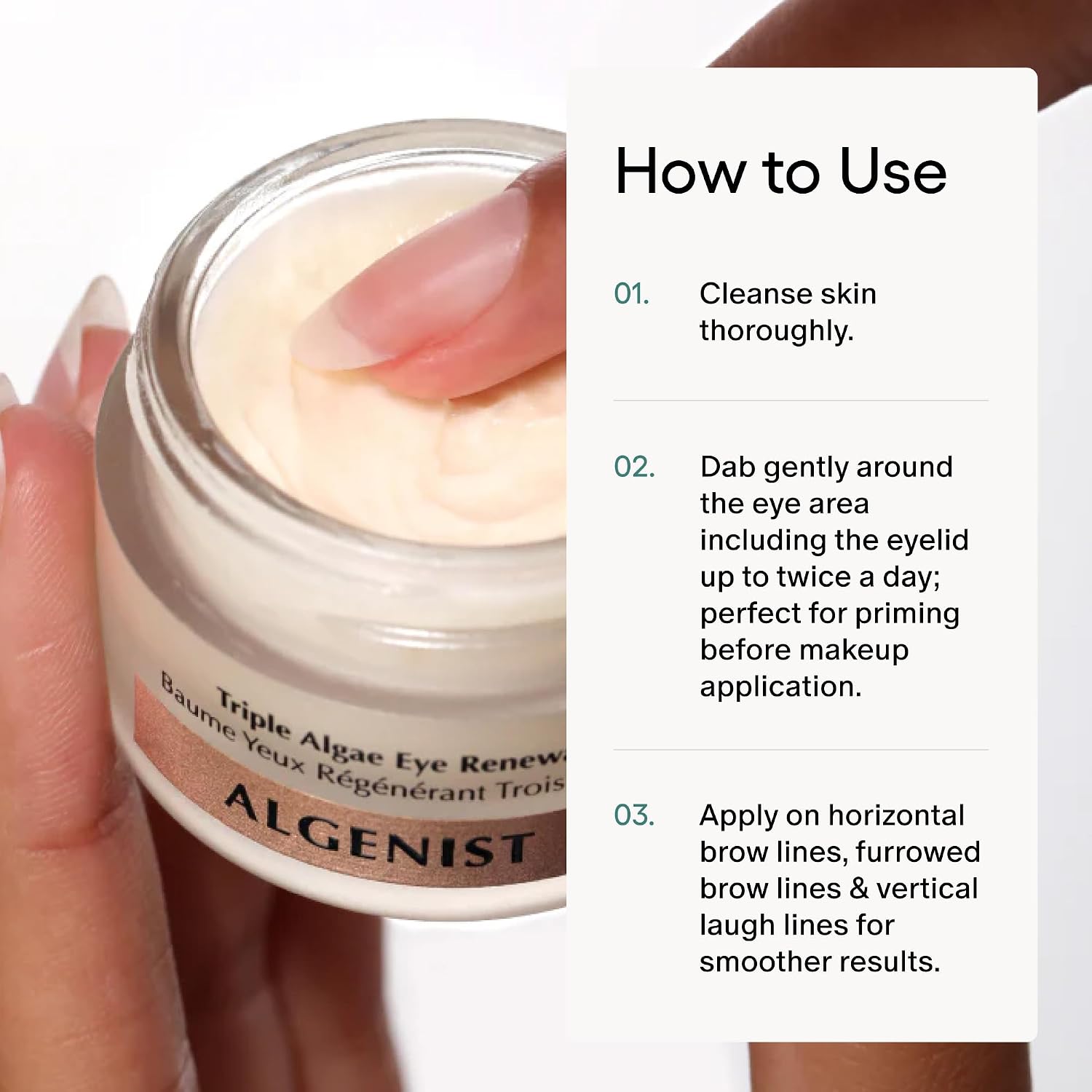 Algenist eye cream jar with usage instructions on a white background