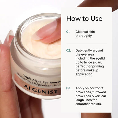 Algenist eye cream jar with usage instructions on a white background