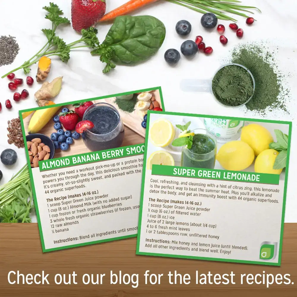 Recipe cards featuring Almond Banana Berry Smoothie and Super Green Lemonade with fresh ingredients.Touchstone Essentials.
