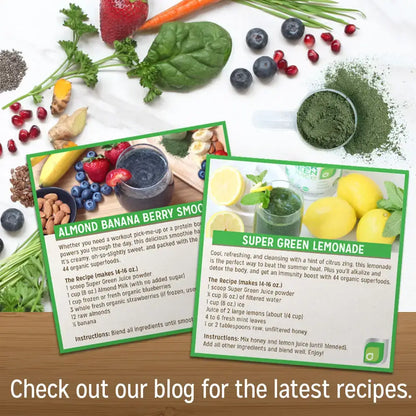 Recipe cards featuring Almond Banana Berry Smoothie and Super Green Lemonade with fresh ingredients.Touchstone Essentials.