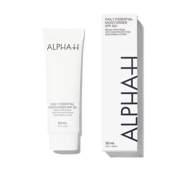 Alpha H Daily Essential Moisturiser SPF 50+, 50ml tube and box, offering sun protection and hydration.