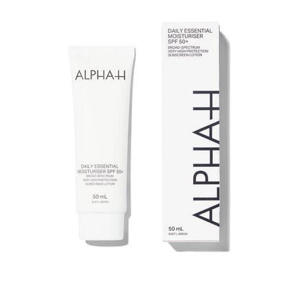 Alpha H Daily Essential Moisturiser SPF 50+, 50ml tube and box, offering sun protection and hydration.