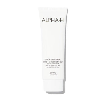 Alpha H Daily Essential Moisturiser SPF 50+ in 50ml tube, infused with Vitamin E for hydration and sun protection.