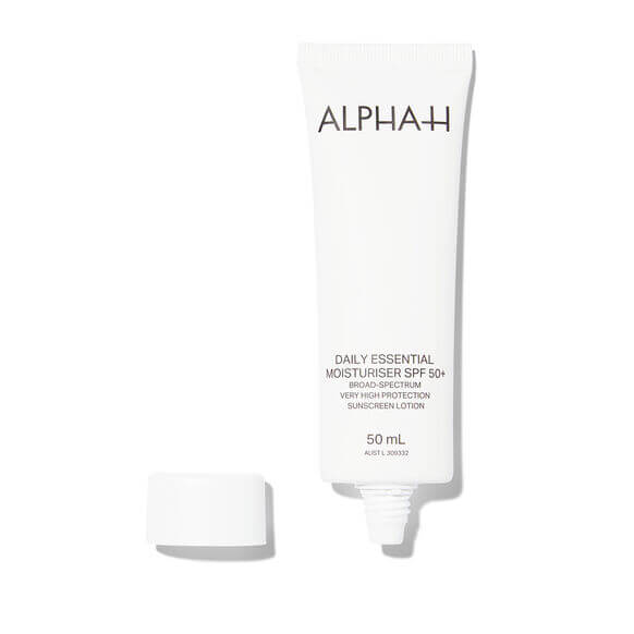 Alpha H Daily Essential Moisturiser SPF 50+ 50ml tube with cap, designed for hydration and sun protection.