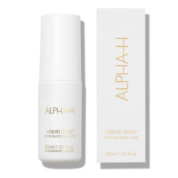 Alpha-H Liquid Gold with 5% Glycolic Acid for radiant skin in a sleek white bottle and box.