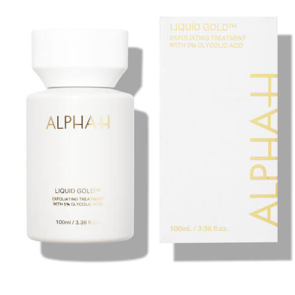 Alpha-H Liquid Gold exfoliating treatment with 5% glycolic acid in sleek bottle and box packaging
