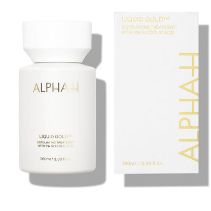Alpha-H Liquid Gold exfoliating treatment with 5% glycolic acid in sleek bottle and box packaging