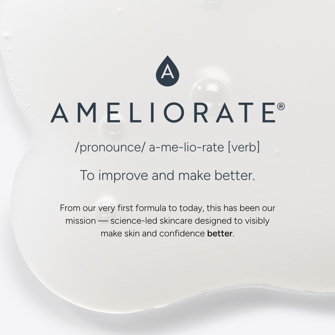 Ameliorate skincare product with brand name and mission statement on a white background