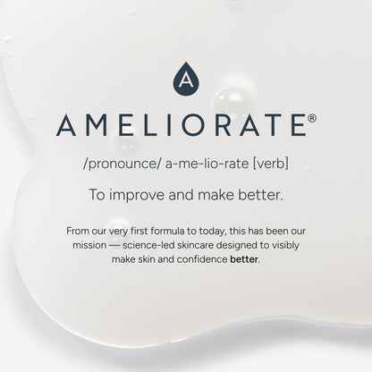Ameliorate skincare product with brand name and mission statement on a white background