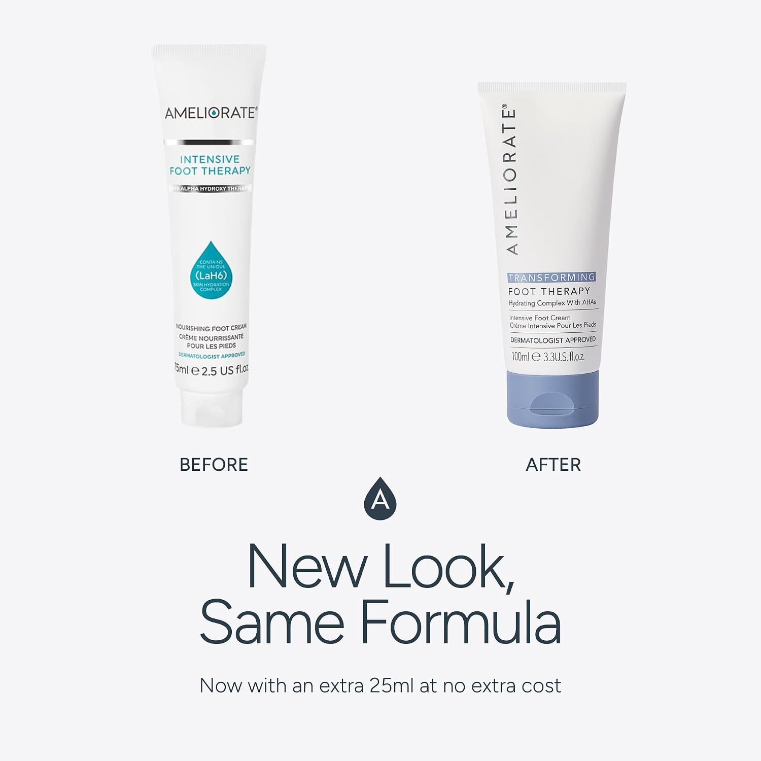 Before and after comparison of Ameliorate foot therapy products on a light gray background, with text reading 'New Look, Same Formula' and 'Now with an extra 25ml at no extra cost.'.