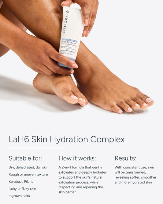 A person holds a white tube of Ameliorate LaH6 Skin Hydration Complex over bare feet, with product details and benefits printed below on a clean white background.