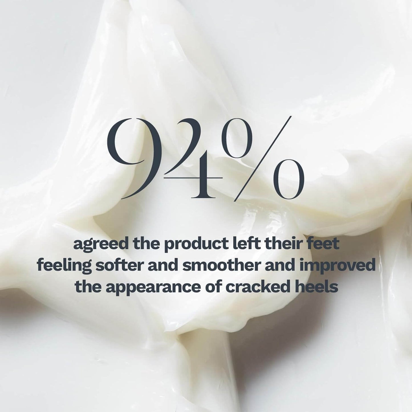 Close-up of AMELIORATE Intensive Foot Treatment showing creamy texture with text indicating 94% satisfaction rate.