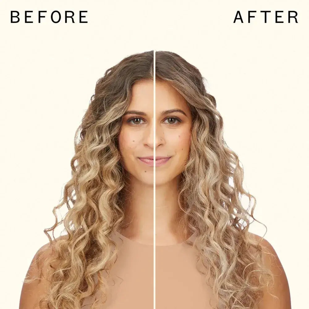 Before and after comparison of hair transformed with Amika Bust Your Brass Cool Blonde Intense Repair Hair Mask.