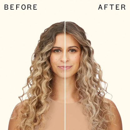 Before and after comparison of hair transformed with Amika Bust Your Brass Cool Blonde Intense Repair Hair Mask.