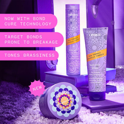 Amika Bust Your Brass hair products featuring Bond Cure Technology for vibrant, healthy blonde hair and reduced brassiness.