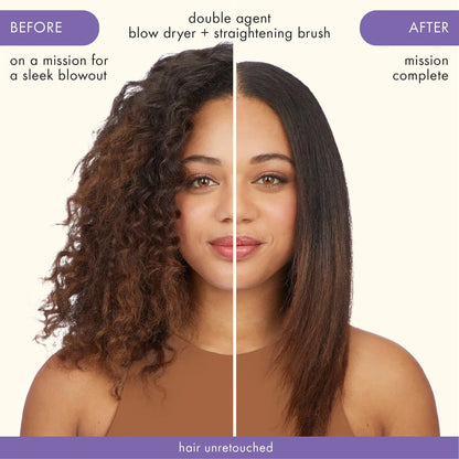 Before and after image showcasing the Amika Double Agent 2-in-1 Straightening Blow Dry Brush results.