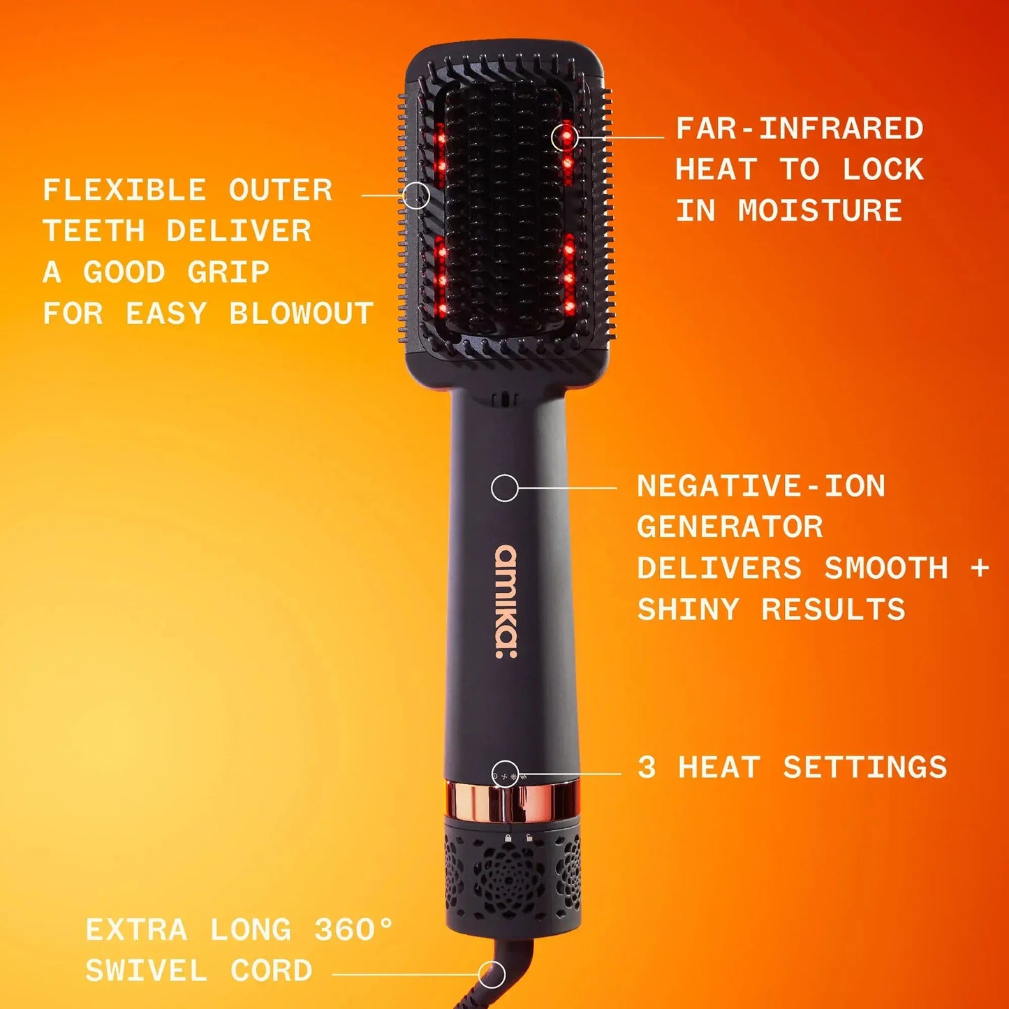 Amika Double Agent 2-in-1 Straightening Blow Dry Brush with features highlighted, including far-infrared heat and negative-ion generator.