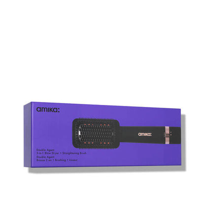 Amika Double Agent 2-in-1 Straightening Blow Dry Brush packaging showcasing innovative hair styling tool.