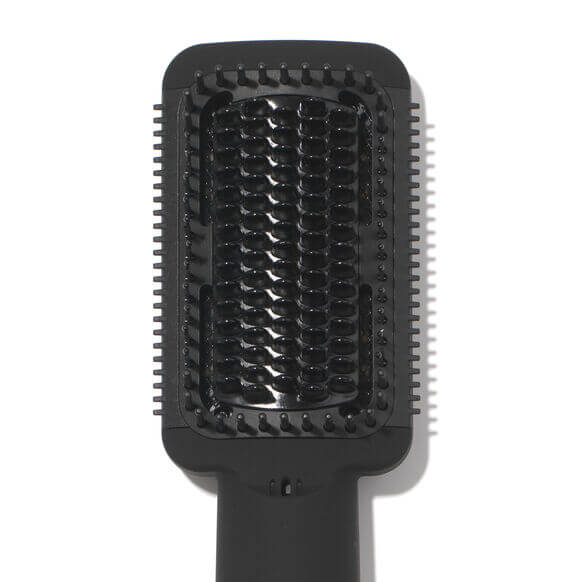 Close-up of the Amika Double Agent 2-in-1 Straightening Blow Dry Brush, featuring a sleek black design.