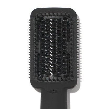 Close-up of the Amika Double Agent 2-in-1 Straightening Blow Dry Brush, featuring a sleek black design.