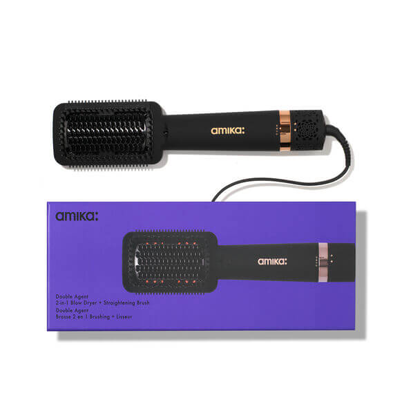 Amika Double Agent 2-in-1 Straightening Blow Dry Brush with packaging for salon-quality hair styling.