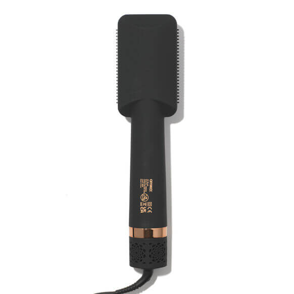 Amika Double Agent 2-in-1 Straightening Blow Dry Brush in sleek black design, offering efficient hair styling.