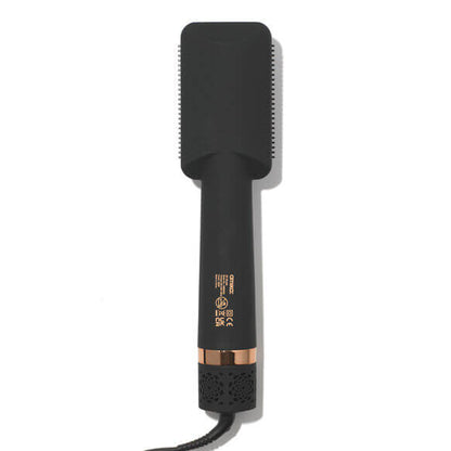 Amika Double Agent 2-in-1 Straightening Blow Dry Brush in sleek black design, offering efficient hair styling.