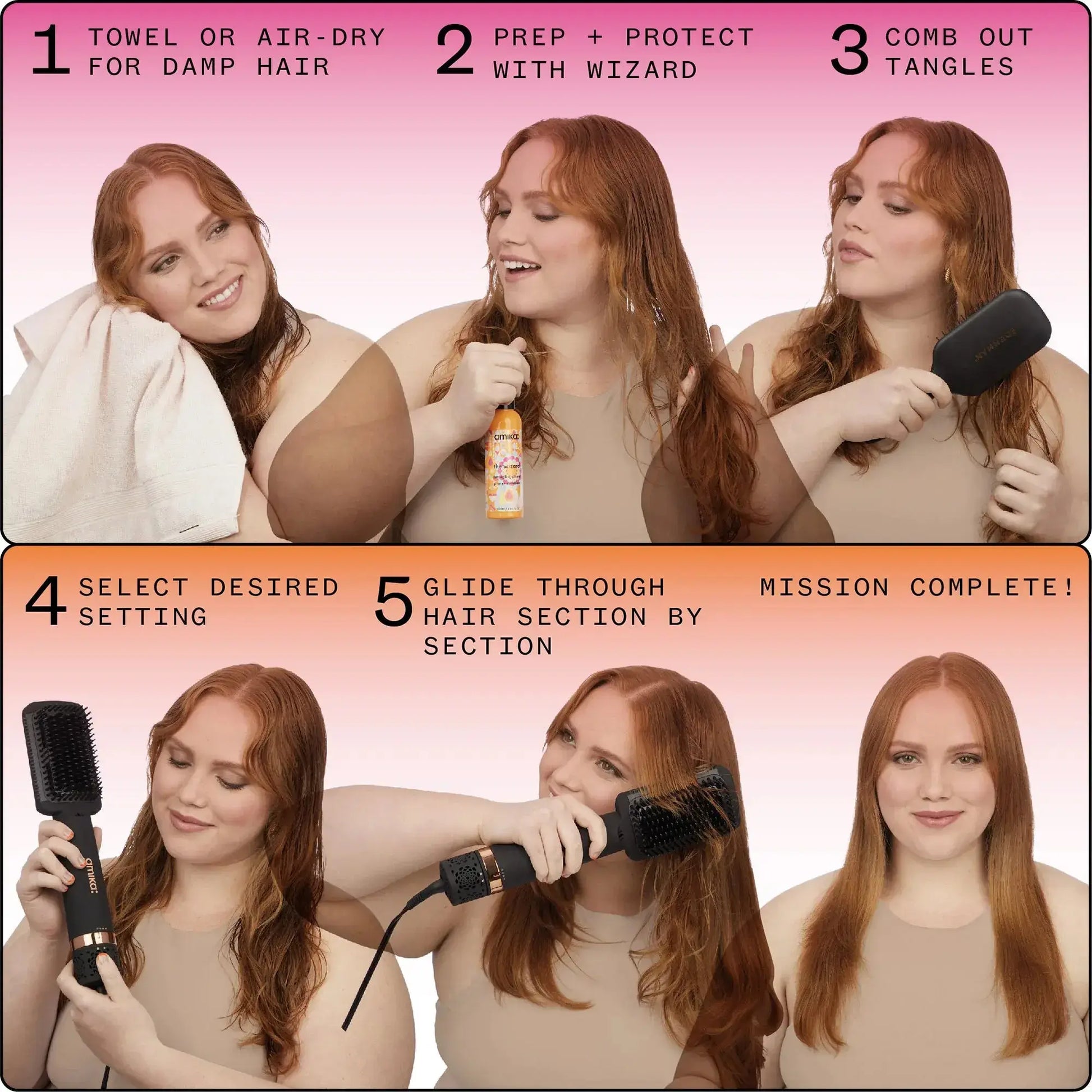 Step-by-step instructions for using Amika Double Agent 2-in-1 Straightening Blow Dry Brush for perfect styling.
