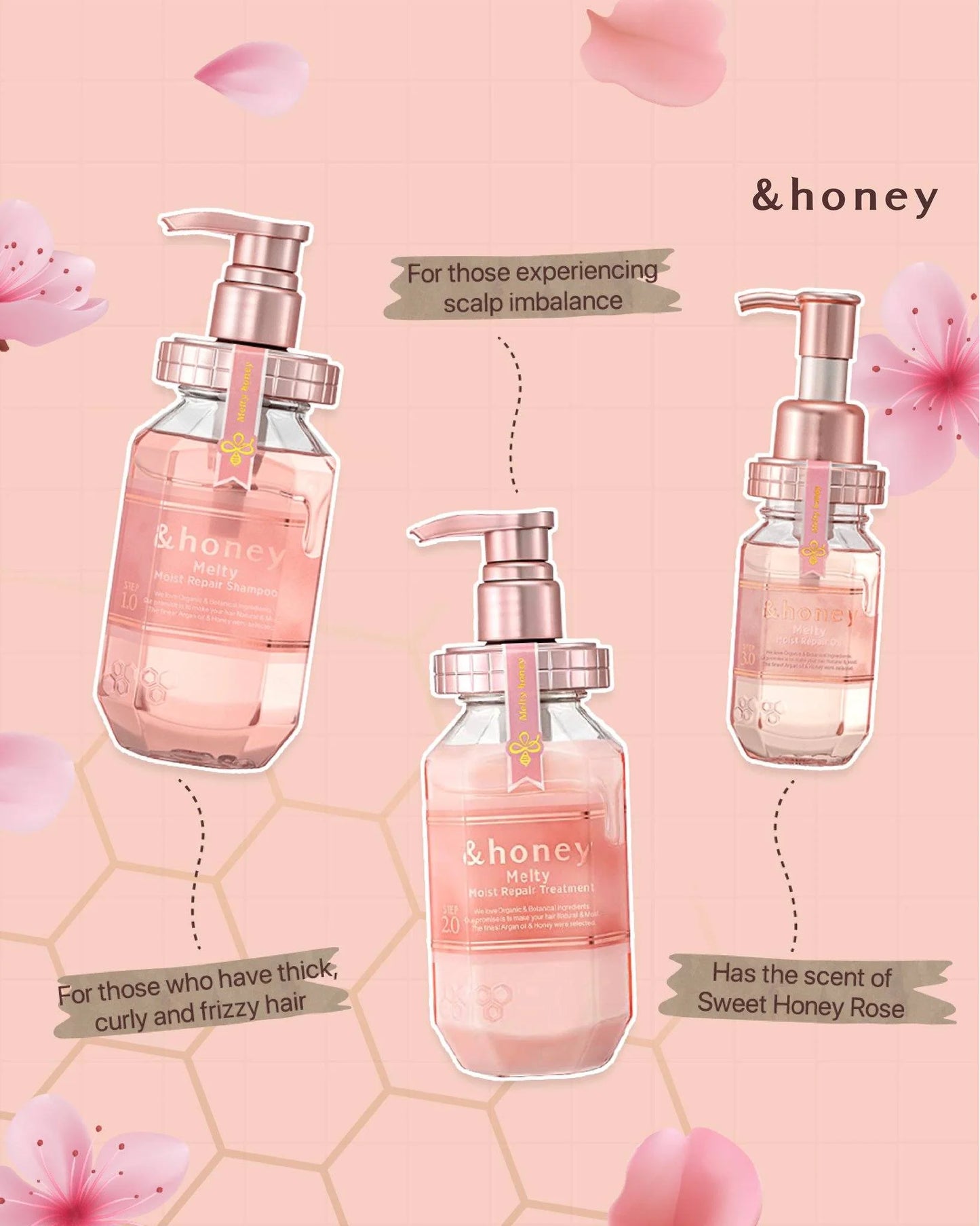 Three bottles of &honey hair care products on a pink background with floral elements.