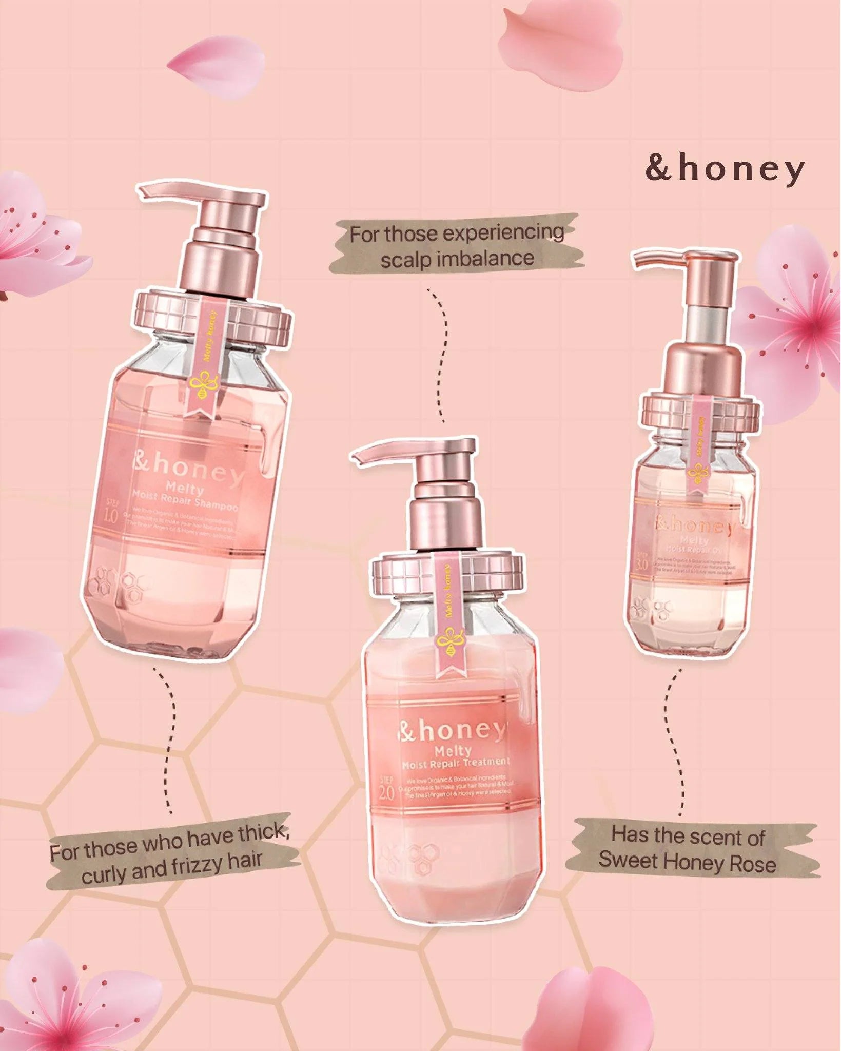 Three bottles of &honey hair care products on a pink background with floral elements.
