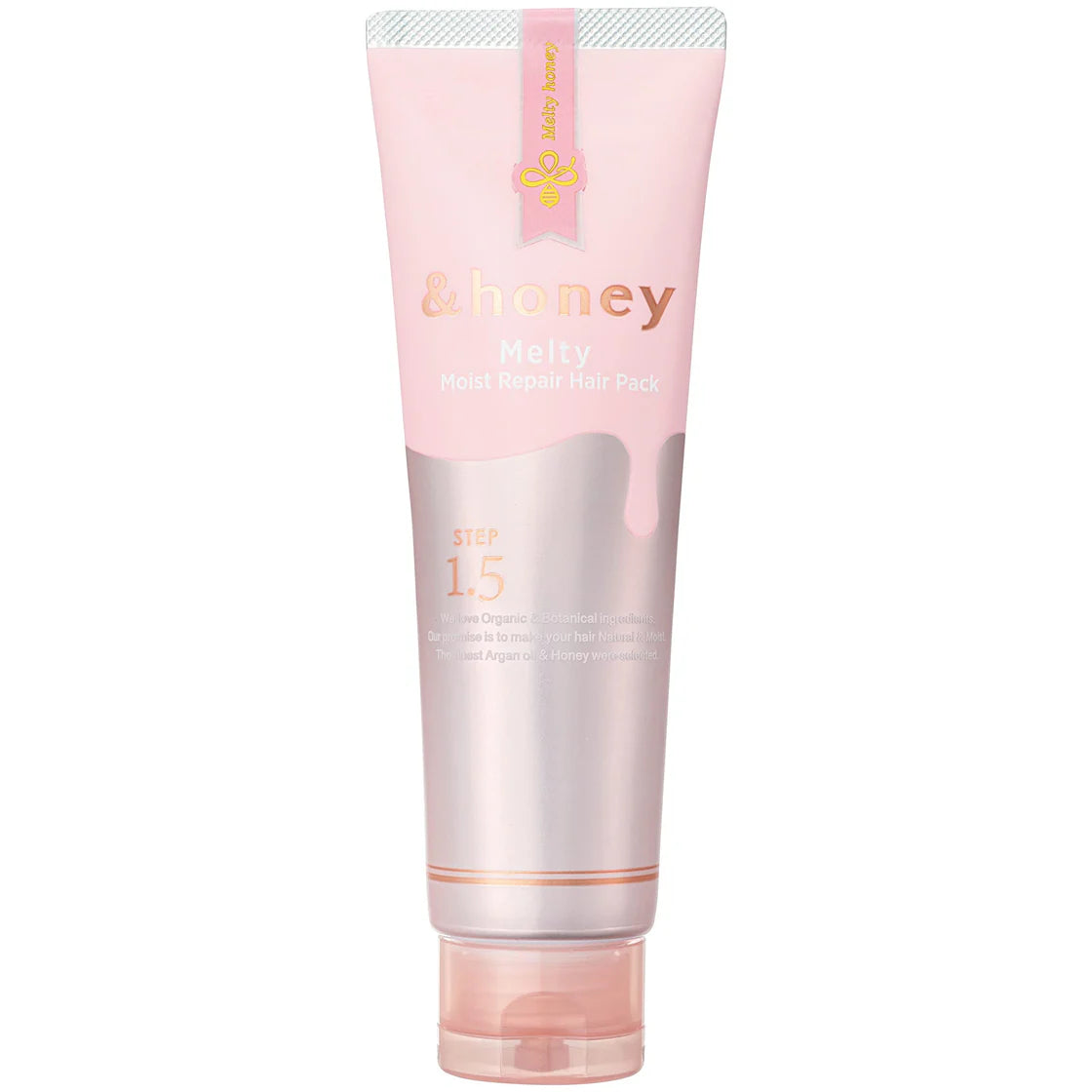 Pink sunscreen tube with ' & honey' branding on a white background