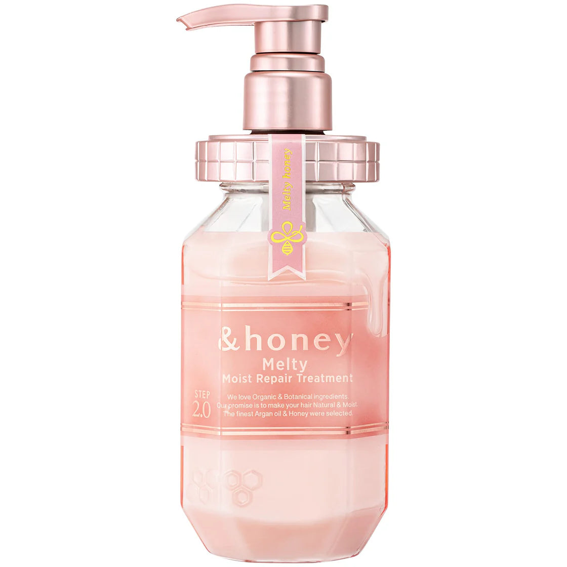 Pink bottle with pump dispenser labeled '&honey' on a white background