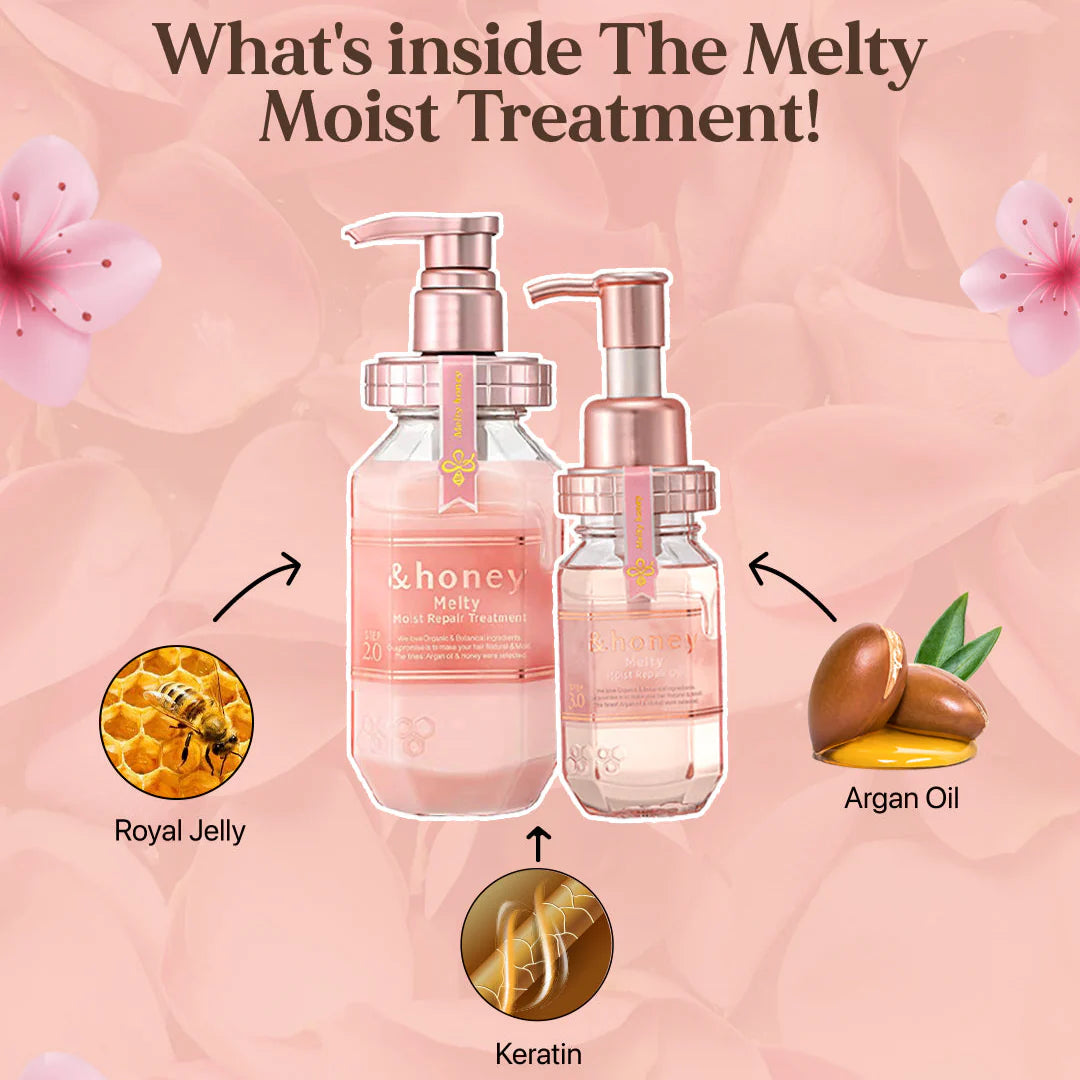 &honey Cosmetic bottles with ingredients like Royal Jelly, Argan Oil, and Keratin on a pink background with flowers.
