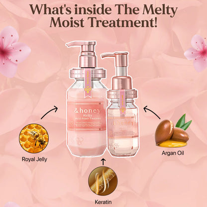 &honey Cosmetic bottles with ingredients like Royal Jelly, Argan Oil, and Keratin on a pink background with flowers.