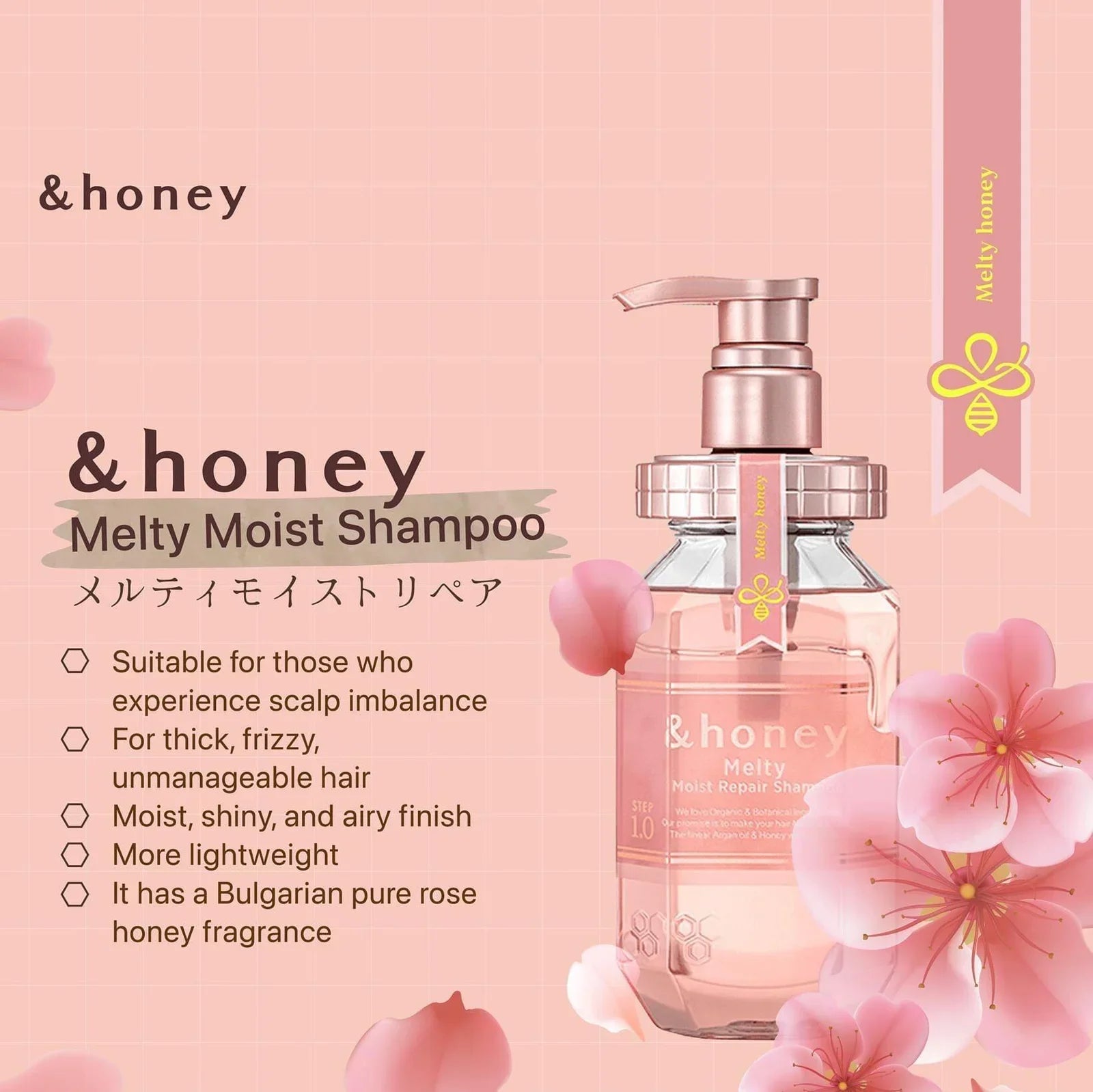 &honey Melty Moist Shampoo bottle with pink flowers on a pink background