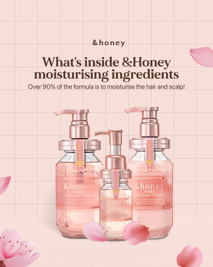 Three &honey  moisturizing bottles on a pink background with text about ingredients.