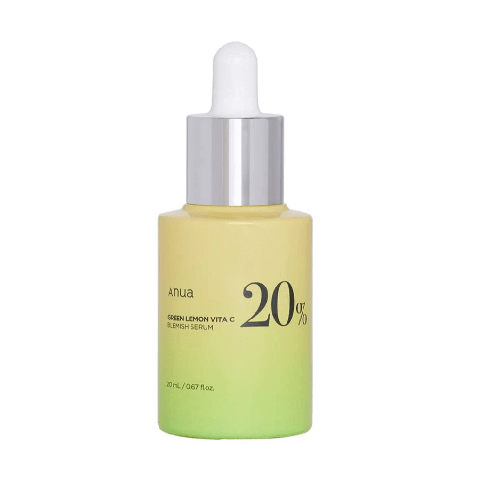 ANUA Green Lemon Vita C 20% Blemish Serum in a glass dropper bottle, 20ml for brightening and clarifying skin.
