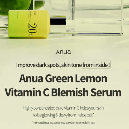 ANUA Green Lemon Vita C 20% Blemish Serum, brightening serum for clear radiant skin, enhances skin tone and reduces dark spots.