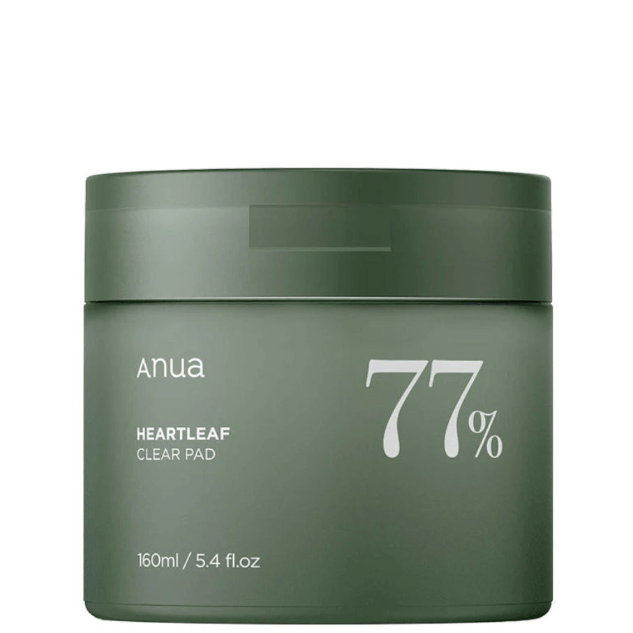Anua Heartleaf 77% Clear Pad 160ml in a green jar, designed to revitalize and brighten skin.