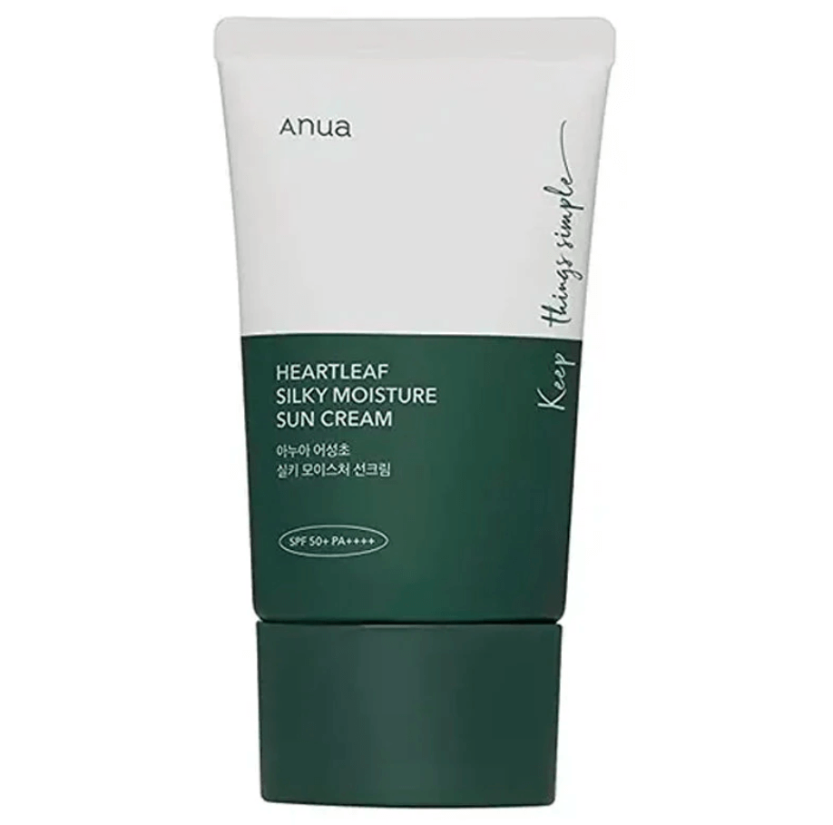 Anua Heartleaf Silky Moisture Sun Cream 50ml with SPF 50+ PA++++ packaging for sun protection and skincare.