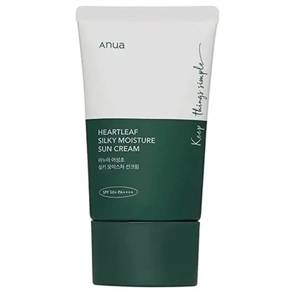 Anua Heartleaf Silky Moisture Sun Cream 50ml with SPF 50+ PA++++ packaging for sun protection and skincare.