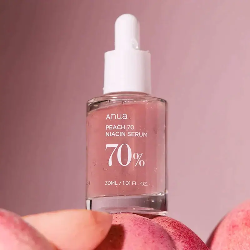 Anua Peach 70% Niacinamide Serum 30ml bottle, designed for brightening and hydrating skin for a radiant complexion.