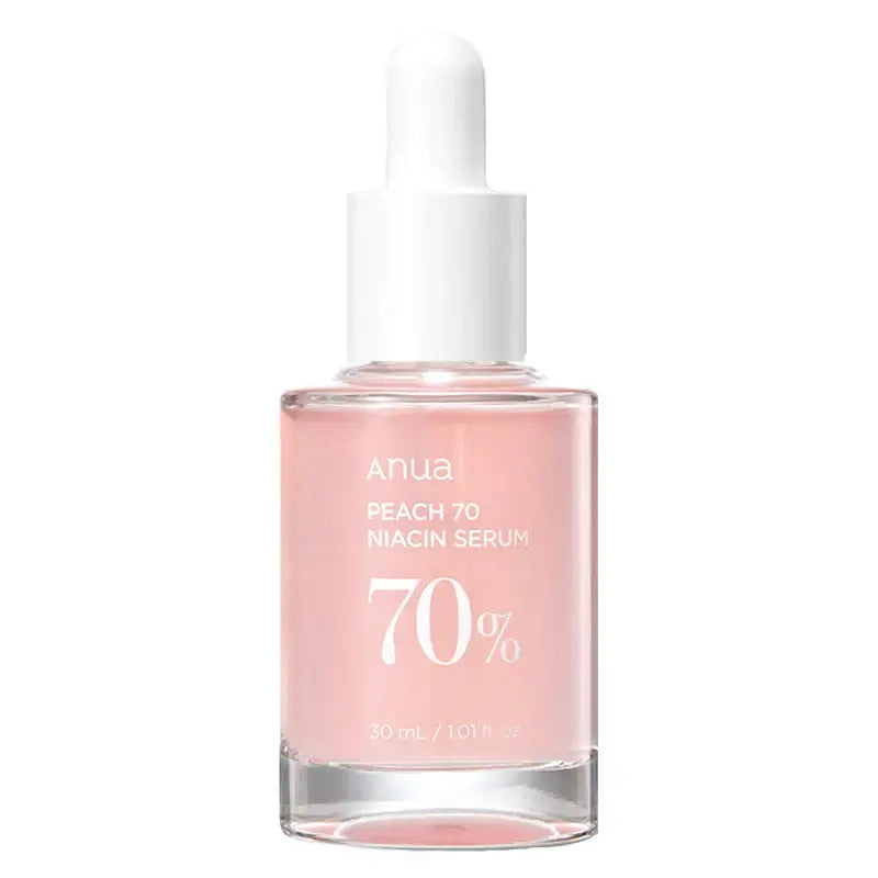 Anua Peach 70% Niacinamide Serum 30ml bottle on a white background for radiant skin transformation.